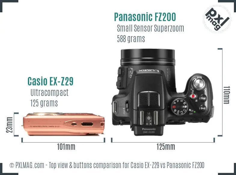 Casio EX-Z29 vs Panasonic FZ200 top view buttons comparison