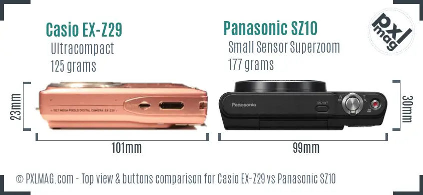 Casio EX-Z29 vs Panasonic SZ10 top view buttons comparison