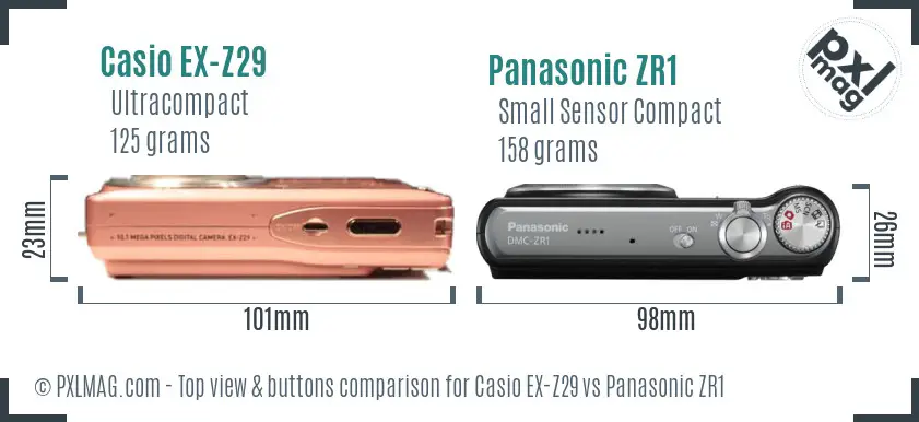 Casio EX-Z29 vs Panasonic ZR1 top view buttons comparison