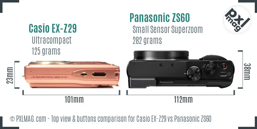 Casio EX-Z29 vs Panasonic ZS60 top view buttons comparison Casio EX-Z29 vs Panasonic ZS60 top view buttons comparison