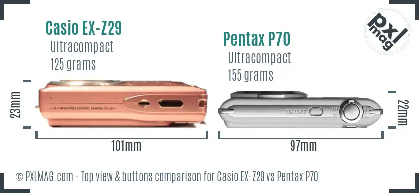 Casio EX-Z29 vs Pentax P70 top view buttons comparison