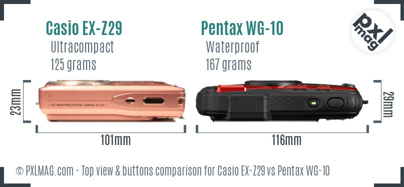 Casio EX-Z29 vs Pentax WG-10 top view buttons comparison