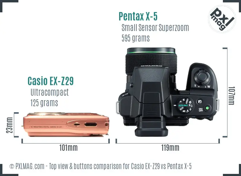 Casio EX-Z29 vs Pentax X-5 top view buttons comparison