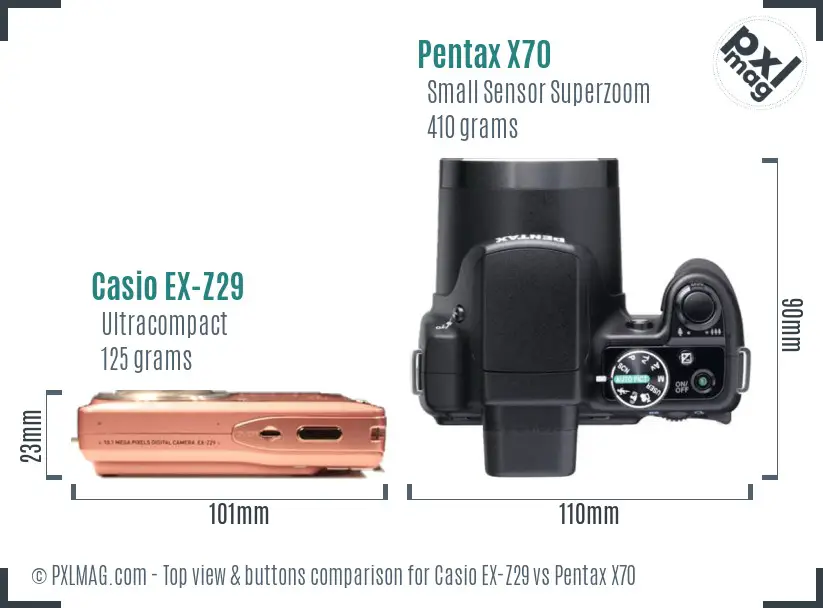 Casio EX-Z29 vs Pentax X70 top view buttons comparison Casio EX-Z29 vs Pentax X70 top view buttons comparison