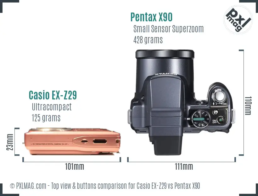 Casio EX-Z29 vs Pentax X90 top view buttons comparison