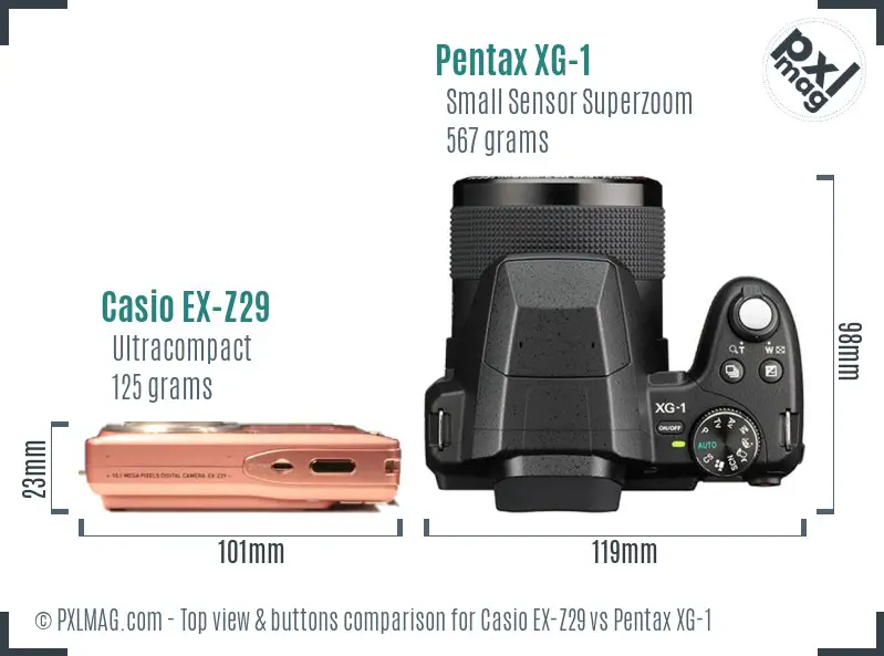 Casio EX-Z29 vs Pentax XG-1 top view buttons comparison