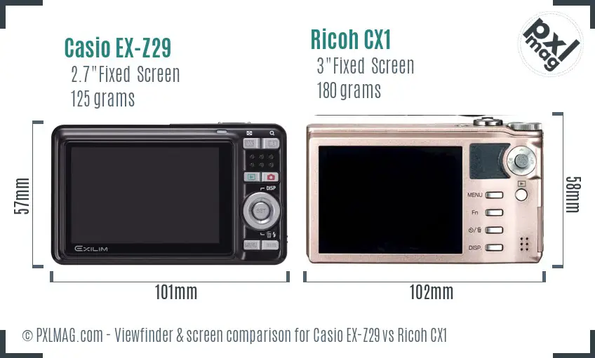 Casio EX-Z29 vs Ricoh CX1 Screen and Viewfinder comparison