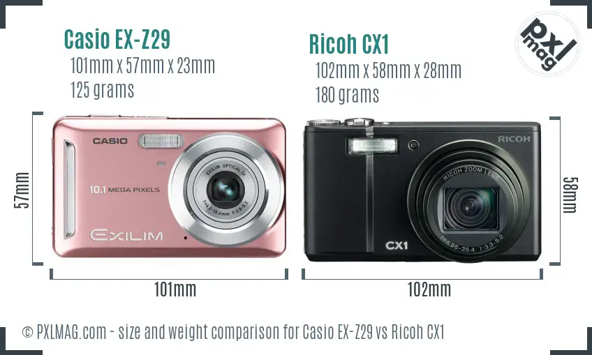 Casio EX-Z29 vs Ricoh CX1 size comparison