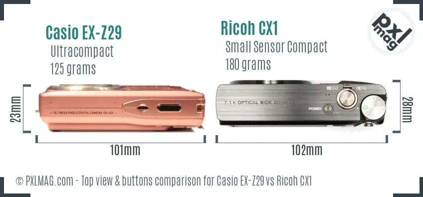 Casio EX-Z29 vs Ricoh CX1 top view buttons comparison