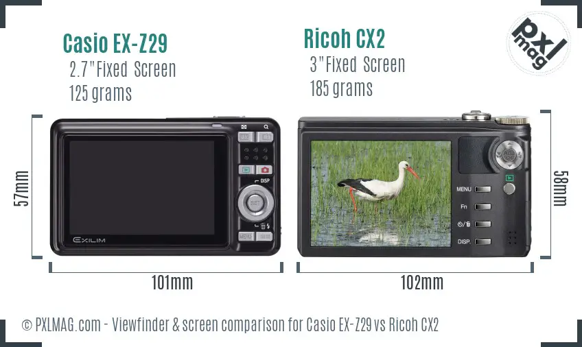 Casio EX-Z29 vs Ricoh CX2 Screen and Viewfinder comparison