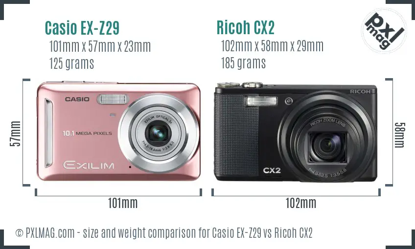 Casio EX-Z29 vs Ricoh CX2 size comparison