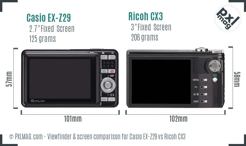 Casio EX-Z29 vs Ricoh CX3 Screen and Viewfinder comparison
