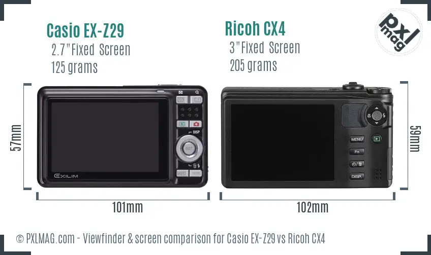 Casio EX-Z29 vs Ricoh CX4 Screen and Viewfinder comparison