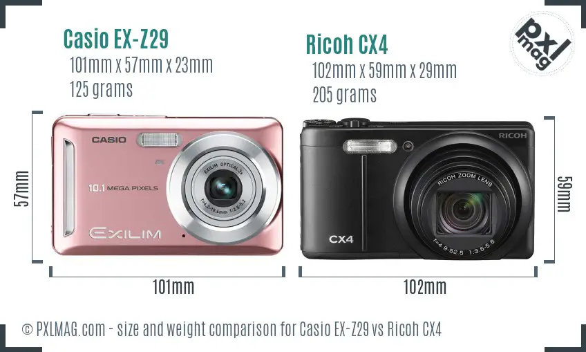 Casio EX-Z29 vs Ricoh CX4 size comparison