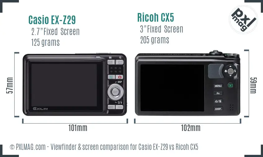 Casio EX-Z29 vs Ricoh CX5 Screen and Viewfinder comparison