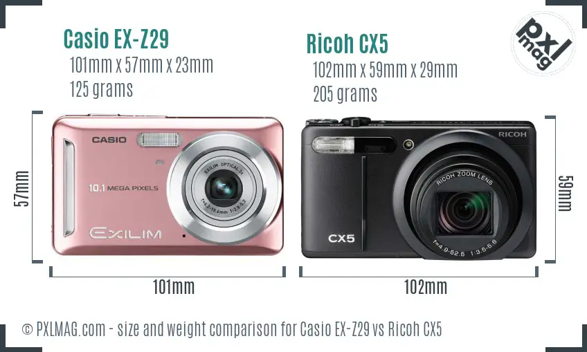 Casio EX-Z29 vs Ricoh CX5 size comparison