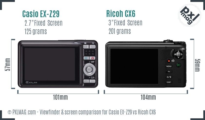 Casio EX-Z29 vs Ricoh CX6 Screen and Viewfinder comparison