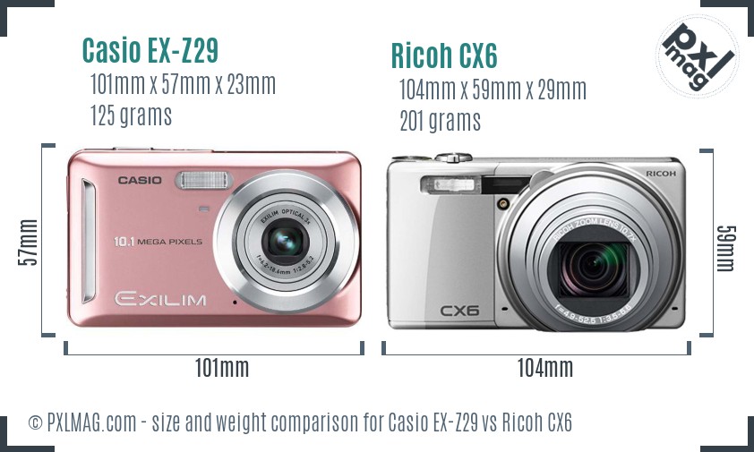Casio EX-Z29 vs Ricoh CX6 size comparison