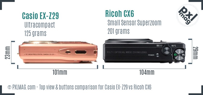 Casio EX-Z29 vs Ricoh CX6 top view buttons comparison