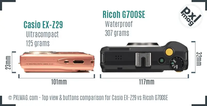 Casio EX-Z29 vs Ricoh G700SE top view buttons comparison