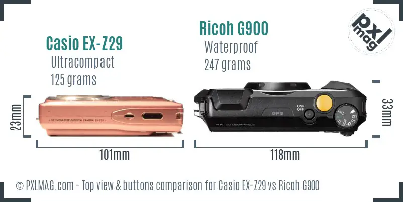 Casio EX-Z29 vs Ricoh G900 top view buttons comparison Casio EX-Z29 vs Ricoh G900 top view buttons comparison