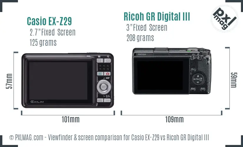 Casio EX-Z29 vs Ricoh GR Digital III Screen and Viewfinder comparison
