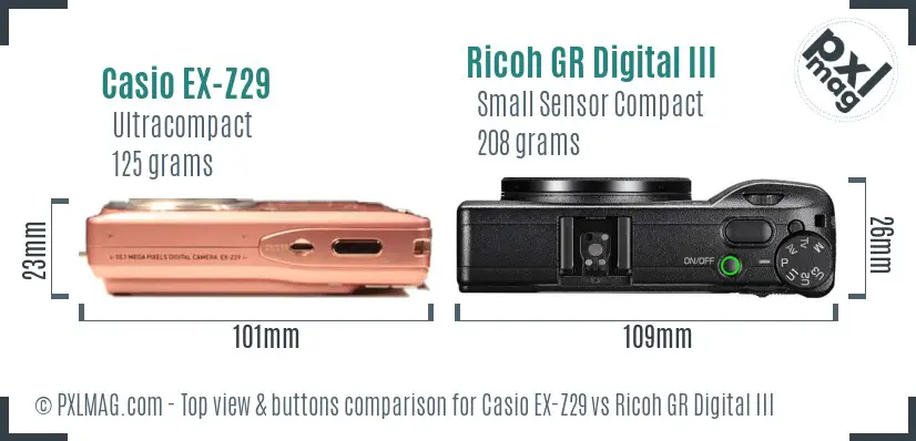 Casio EX-Z29 vs Ricoh GR Digital III top view buttons comparison