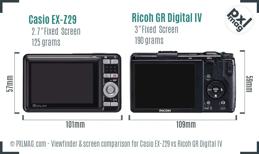 Casio EX-Z29 vs Ricoh GR Digital IV Screen and Viewfinder comparison