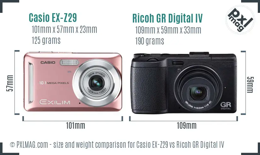 Casio EX-Z29 vs Ricoh GR Digital IV size comparison