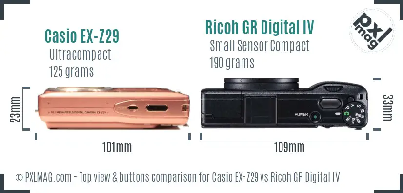 Casio EX-Z29 vs Ricoh GR Digital IV top view buttons comparison