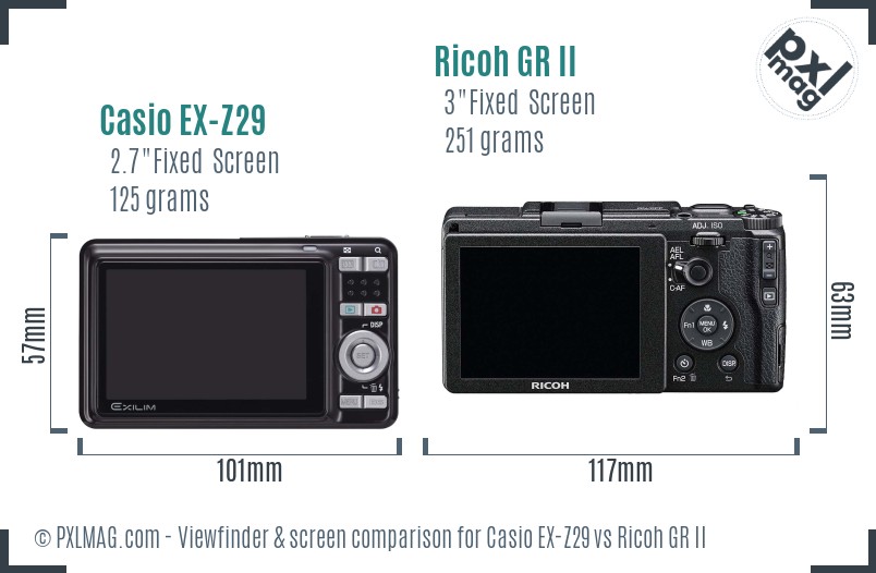 Casio EX-Z29 vs Ricoh GR II Screen and Viewfinder comparison