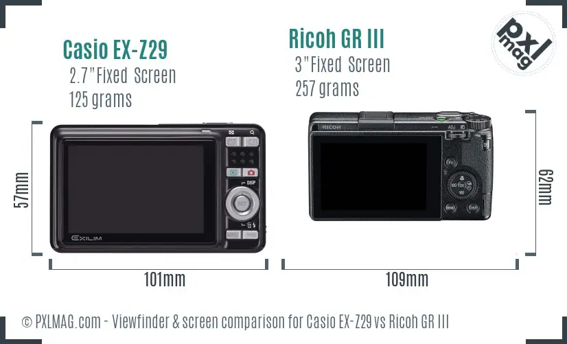 Casio EX-Z29 vs Ricoh GR III Screen and Viewfinder comparison