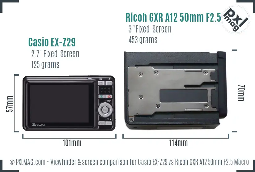 Casio EX-Z29 vs Ricoh GXR A12 50mm F2.5 Macro Screen and Viewfinder comparison Casio EX-Z29 vs Ricoh GXR A12 50mm F2.5 Macro Screen and Viewfinder comparison