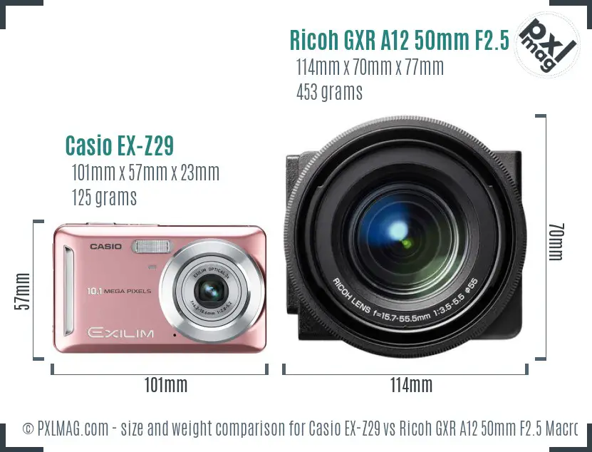 Casio EX-Z29 vs Ricoh GXR A12 50mm F2.5 Macro size comparison Casio EX-Z29 vs Ricoh GXR A12 50mm F2.5 Macro size comparison