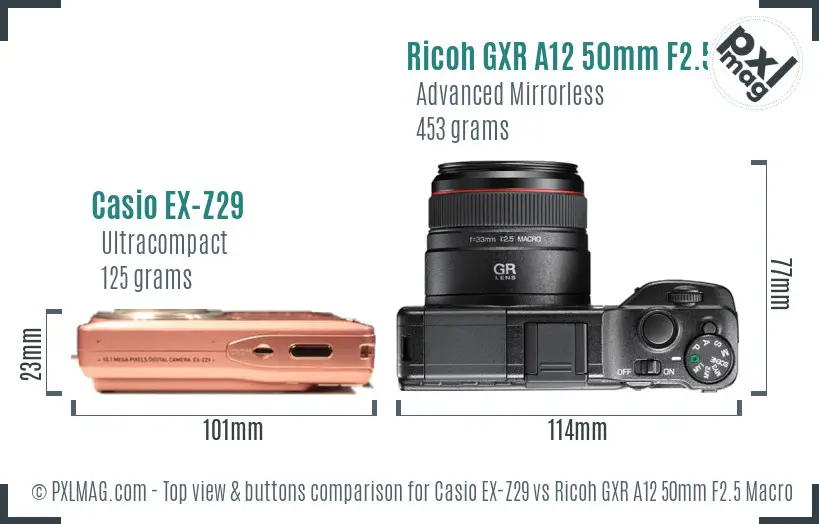 Casio EX-Z29 vs Ricoh GXR A12 50mm F2.5 Macro top view buttons comparison Casio EX-Z29 vs Ricoh GXR A12 50mm F2.5 Macro top view buttons comparison