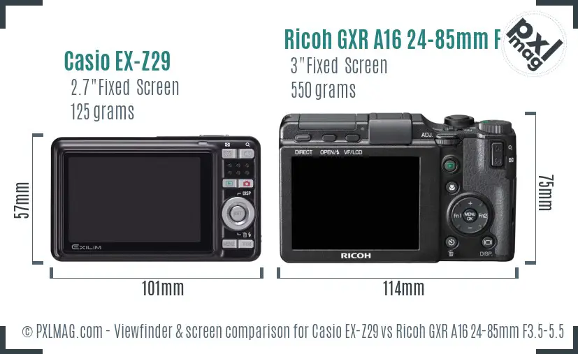 Casio EX-Z29 vs Ricoh GXR A16 24-85mm F3.5-5.5 Screen and Viewfinder comparison