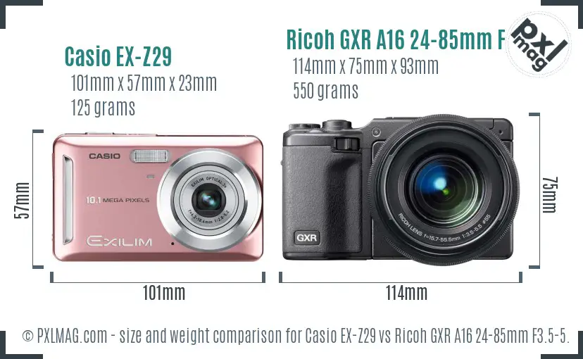 Casio EX-Z29 vs Ricoh GXR A16 24-85mm F3.5-5.5 size comparison