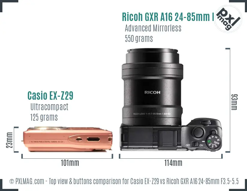 Casio EX-Z29 vs Ricoh GXR A16 24-85mm F3.5-5.5 top view buttons comparison