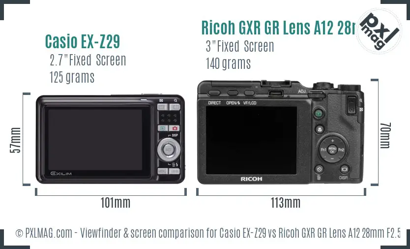 Casio EX-Z29 vs Ricoh GXR GR Lens A12 28mm F2.5 Screen and Viewfinder comparison