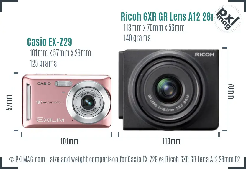Casio EX-Z29 vs Ricoh GXR GR Lens A12 28mm F2.5 size comparison