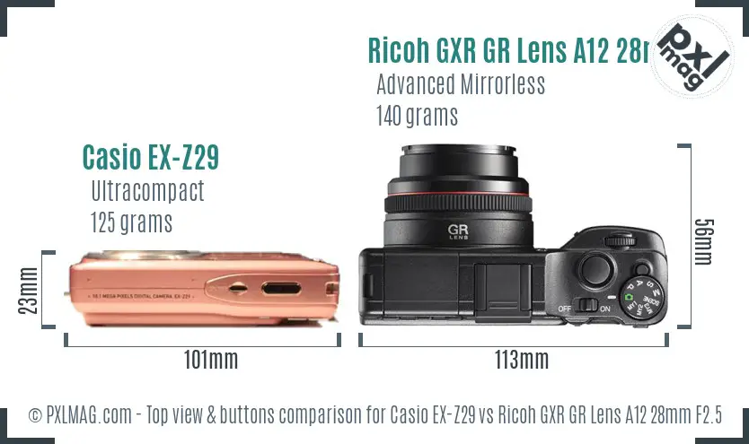 Casio EX-Z29 vs Ricoh GXR GR Lens A12 28mm F2.5 top view buttons comparison