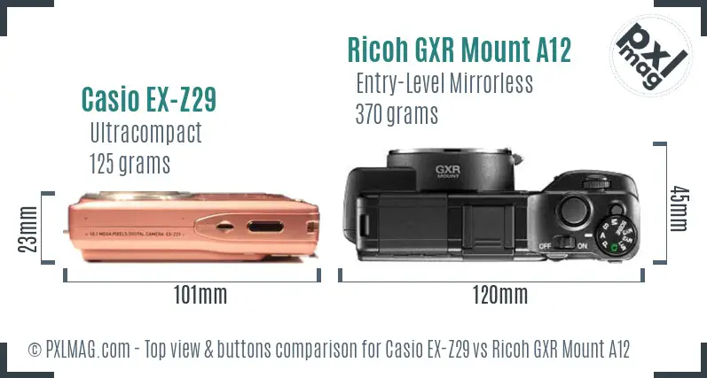 Casio EX-Z29 vs Ricoh GXR Mount A12 top view buttons comparison