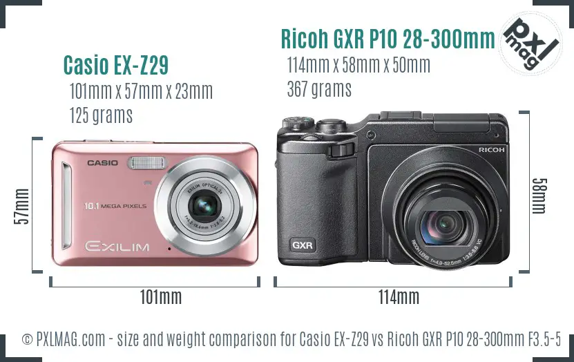 Casio EX-Z29 vs Ricoh GXR P10 28-300mm F3.5-5.6 VC size comparison Casio EX-Z29 vs Ricoh GXR P10 28-300mm F3.5-5.6 VC size comparison