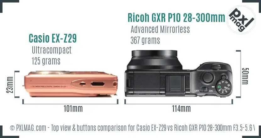 Casio EX-Z29 vs Ricoh GXR P10 28-300mm F3.5-5.6 VC top view buttons comparison Casio EX-Z29 vs Ricoh GXR P10 28-300mm F3.5-5.6 VC top view buttons comparison