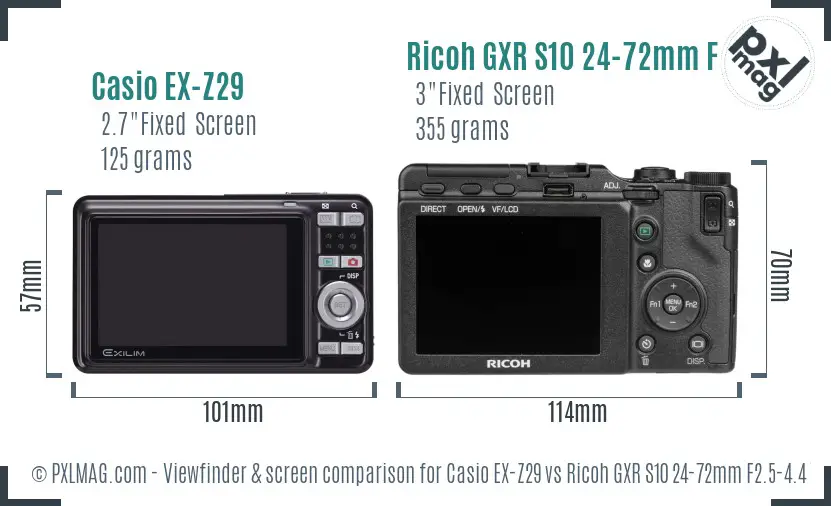 Casio EX-Z29 vs Ricoh GXR S10 24-72mm F2.5-4.4 VC Screen and Viewfinder comparison