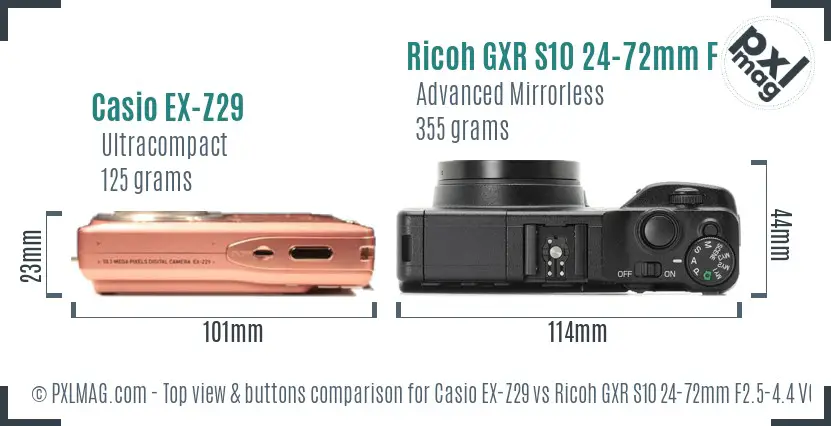 Casio EX-Z29 vs Ricoh GXR S10 24-72mm F2.5-4.4 VC top view buttons comparison