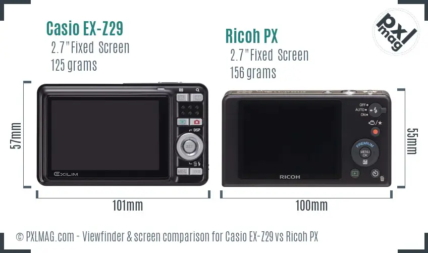 Casio EX-Z29 vs Ricoh PX Screen and Viewfinder comparison