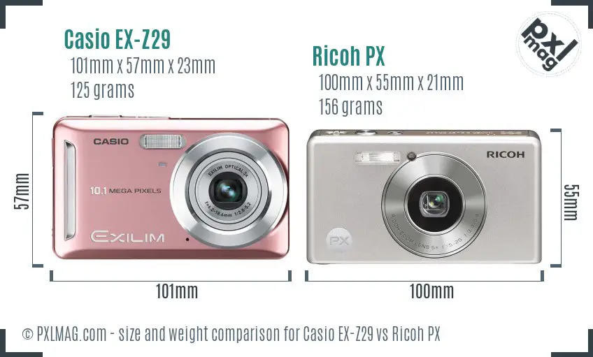 Casio EX-Z29 vs Ricoh PX size comparison