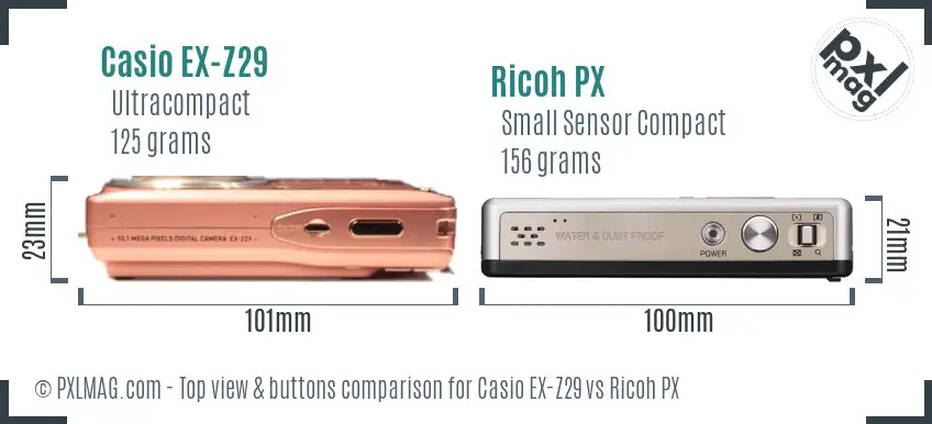 Casio EX-Z29 vs Ricoh PX top view buttons comparison