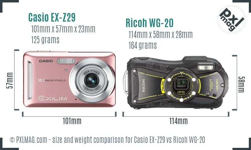 Casio EX-Z29 vs Ricoh WG-20 size comparison